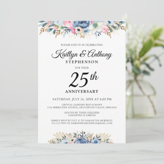 エレガント記念日の水の色のフローラ青金ゴールド 招待状 (スタンド正面)