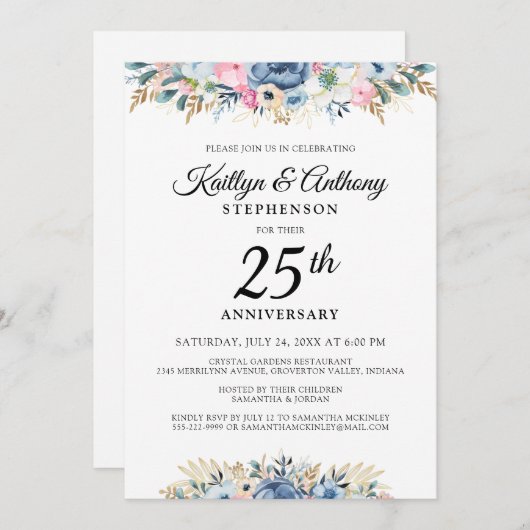 エレガント記念日の水の色のフローラ青金ゴールド 招待状 (正面/裏面)