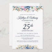 エレガント記念日の水の色のフローラ青金ゴールド 招待状 (正面/裏面)