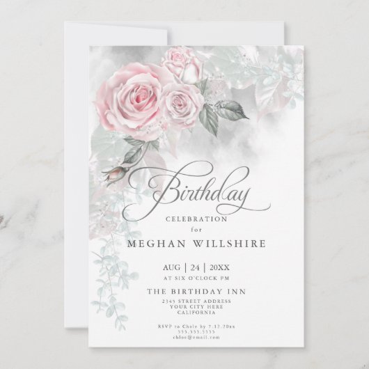 エレガント誕生日ウォーターエレガントカラーピンクローズ 招待状 (正面)