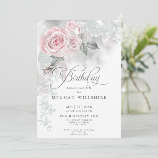 エレガント誕生日ウォーターエレガントカラーピンクローズ 招待状 (スタンド正面)