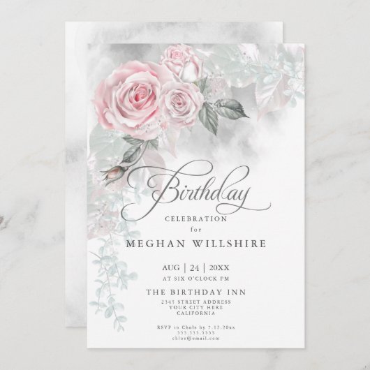 エレガント誕生日ウォーターエレガントカラーピンクローズ 招待状 (正面/裏面)