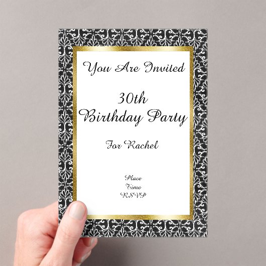 エレガント誕生日ダマスク金ゴールドフレーム白黒 アクリル招待状 (インサイチュ (ポータブル))