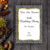 エレガント誕生日ダマスク金ゴールドフレーム白黒 アクリル招待状