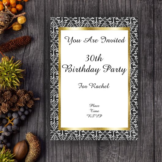 エレガント誕生日ダマスク金ゴールドフレーム白黒 アクリル招待状