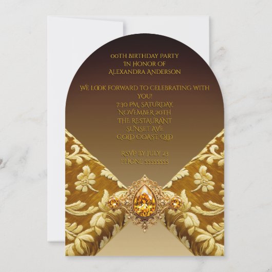 エレガント誕生日ダークベージュ金ゴールド宝石織物 招待状 (裏面)