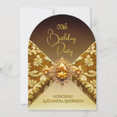エレガント誕生日ダークベージュ金ゴールド宝石織物 招待状 (正面)