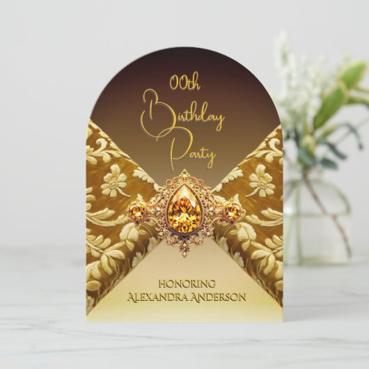 エレガント誕生日ダークベージュ金ゴールド宝石織物 招待状 (スタンド正面)