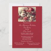 エレガント誕生日ティーパーティーレッドローズ 招待状 (正面)