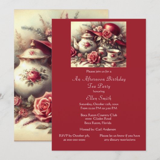 エレガント誕生日ティーパーティーレッドローズ 招待状 (正面/裏面)