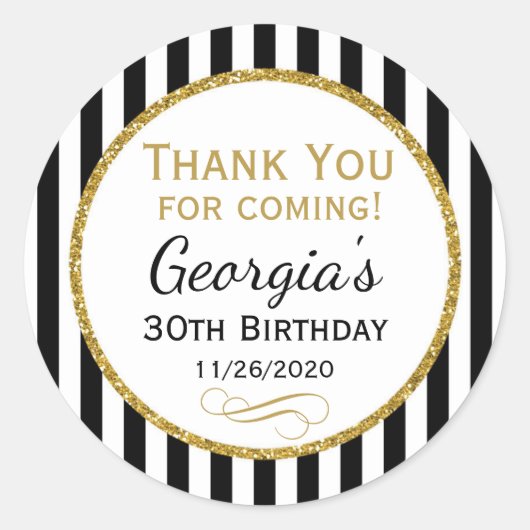 エレガント誕生日ブラック金ゴールドサンキューメッセージカード ラウンドシール (正面)
