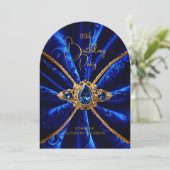 エレガント誕生日ブルー金ゴールドジュエルフェイクベルベット 招待状 (スタンド正面)