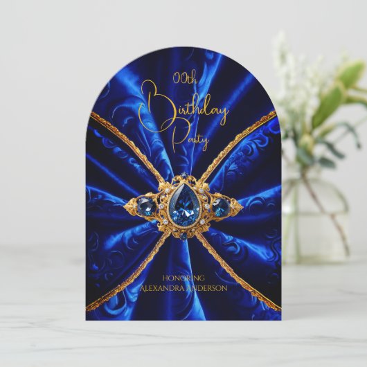 エレガント誕生日ブルー金ゴールドジュエルフェイクベルベット 招待状 (スタンド正面)