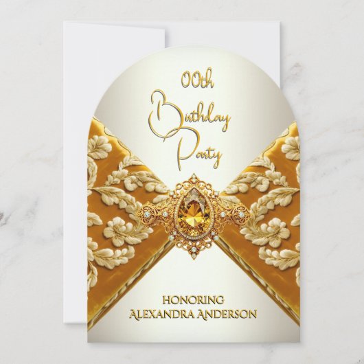 エレガント誕生日マスタード金ゴールドジュエル生地 招待状 (正面)