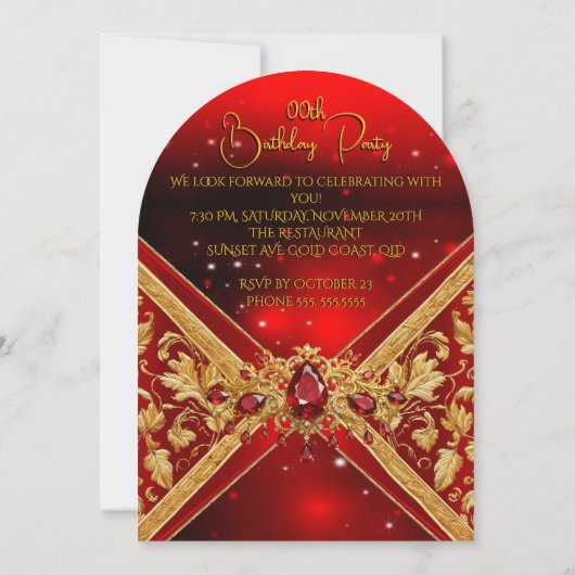 エレガント誕生日レッド金ゴールドジュエルフェイクエンボス 招待状 (裏面)