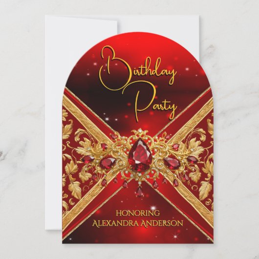 エレガント誕生日レッド金ゴールドジュエルフェイクエンボス 招待状 (正面)