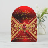 エレガント誕生日レッド金ゴールドジュエルフェイクエンボス 招待状 (スタンド正面)