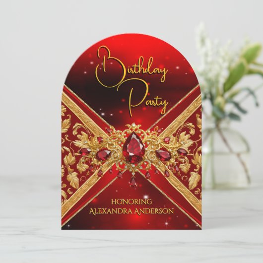 エレガント誕生日レッド金ゴールドジュエルフェイクエンボス 招待状 (スタンド正面)