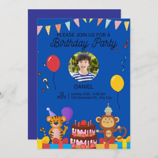 エレガント誕生日招待状-金ゴールドとホワイトデザイン 招待状 (正面/裏面)