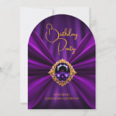 エレガント誕生日紫金ゴールドジュエルフェイクシルク 招待状 (正面)