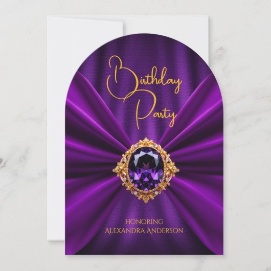 エレガント誕生日紫金ゴールドジュエルフェイクシルク 招待状 (正面)