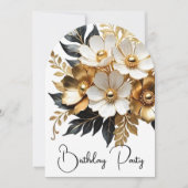 エレガント誕生日金ゴールド白黒花 招待状 (正面)
