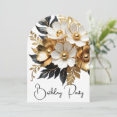 エレガント誕生日金ゴールド白黒花 招待状 (スタンド正面)