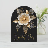 エレガント誕生日金ゴールド白黒花 招待状 (スタンド正面)