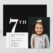 エレガント誕生日7回目の招待ブラックシック写真 招待状 (正面/裏面)