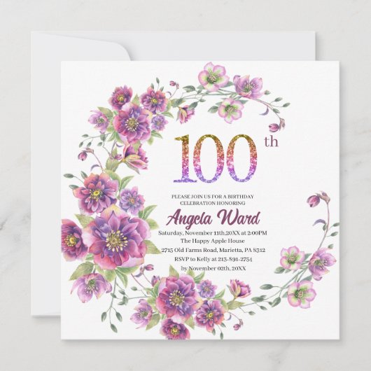 エレガント誕生祝いフローラグリッター100 招待状 (正面)