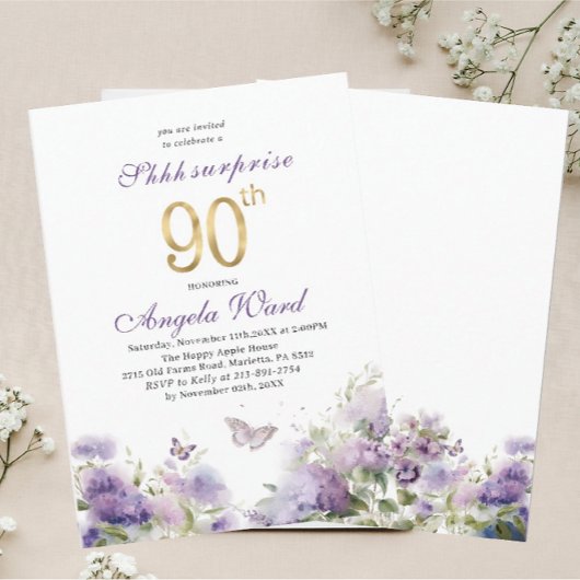 エレガント誕生祝い水色パープルフロ 招待状