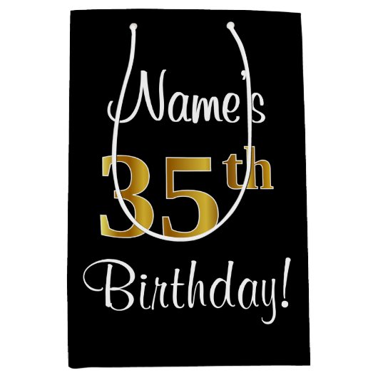エレガント豪華なフェイク金ゴールド35誕生日 ミディアムペーパーバッグ (正面)