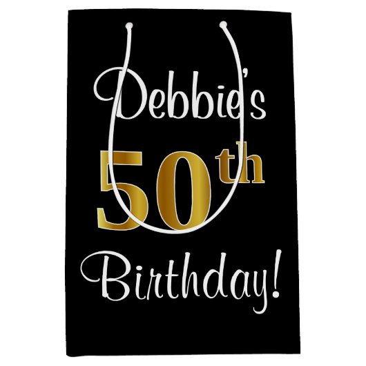 エレガント豪華なフェイク金ゴールド50誕生日 ミディアムペーパーバッグ (正面)