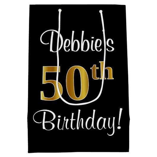 エレガント豪華なフェイク金ゴールド50誕生日 ミディアムペーパーバッグ (裏面)