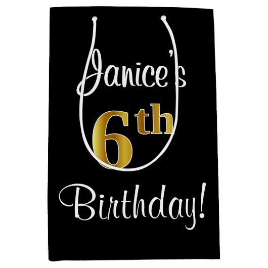 エレガント贅沢なフェイク金ゴールドルック6誕生日 ミディアムペーパーバッグ (正面)