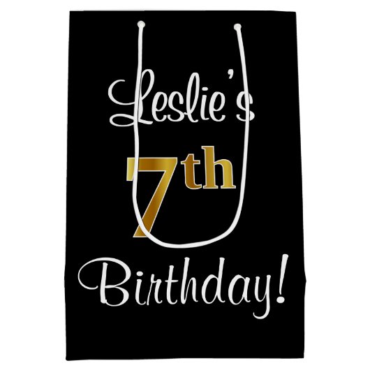 エレガント贅沢なフェイク金ゴールドルック7誕生日 ミディアムペーパーバッグ (裏面)