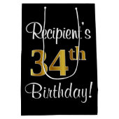 エレガント贅沢なフェイク金ゴールド34th誕生日 ミディアムペーパーバッグ (裏面)