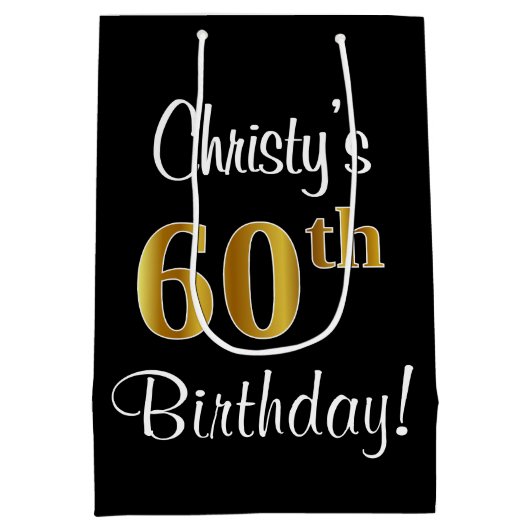 エレガント贅沢なフェイク金ゴールド60誕生日 ミディアムペーパーバッグ (裏面)
