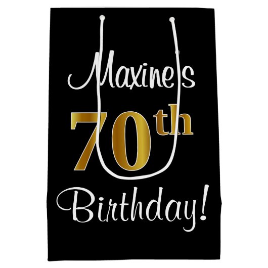 エレガント贅沢なフェイク金ゴールド70誕生日 ミディアムペーパーバッグ (裏面)