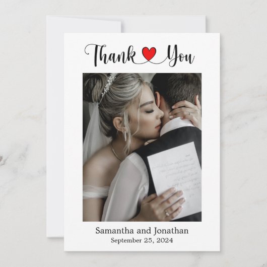 エレガント赤いハートの写真結婚付きスクリプト サンキューカード (正面)