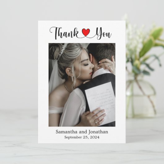 エレガント赤いハートの写真結婚付きスクリプト サンキューカード (スタンド正面)