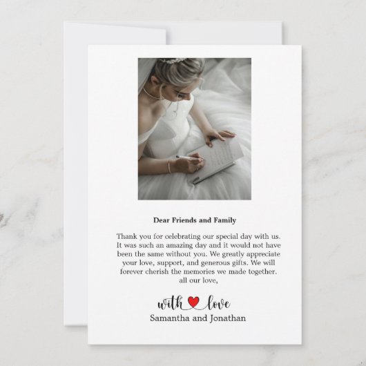 エレガント赤いハートの写真結婚付きスクリプト サンキューカード (裏面)