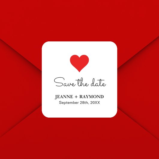 エレガント赤いハートクリーン結婚式の日付を保存 スクエアシール