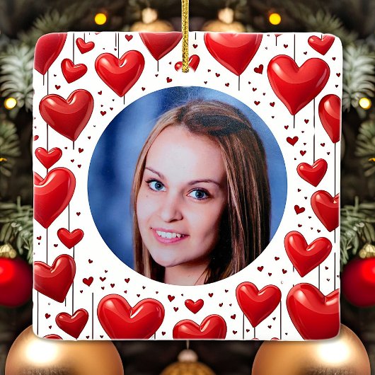 エレガント赤いハートシンプルのクリスマスフォト セラミックオーナメント