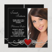 エレガント赤いハートフォト誕生日パーティー 招待状 (正面/裏面)