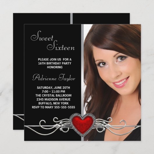 エレガント赤いハートフォト誕生日パーティー 招待状 (正面/裏面)