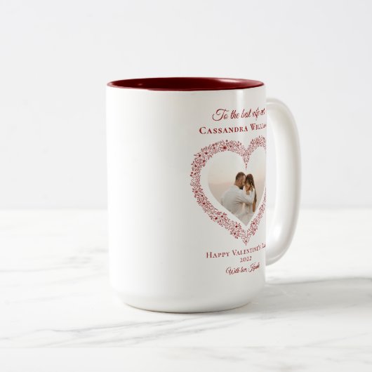 エレガント赤いハート最高の妻写真ヴァレンティネスの日 ツートーンマグカップ (正面右)
