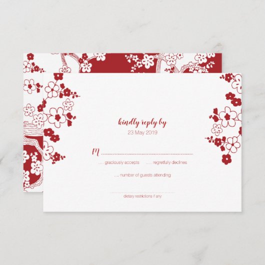 エレガント赤と白さくらんぼブロッサムオリエンタルRSVP 出欠カード (正面/裏面)