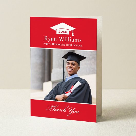 エレガント赤と白カスタム卒業写真 サンキューカード