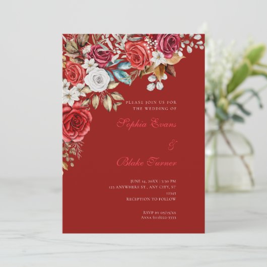 エレガント赤と白バラ赤結婚色 招待状 (スタンド正面)